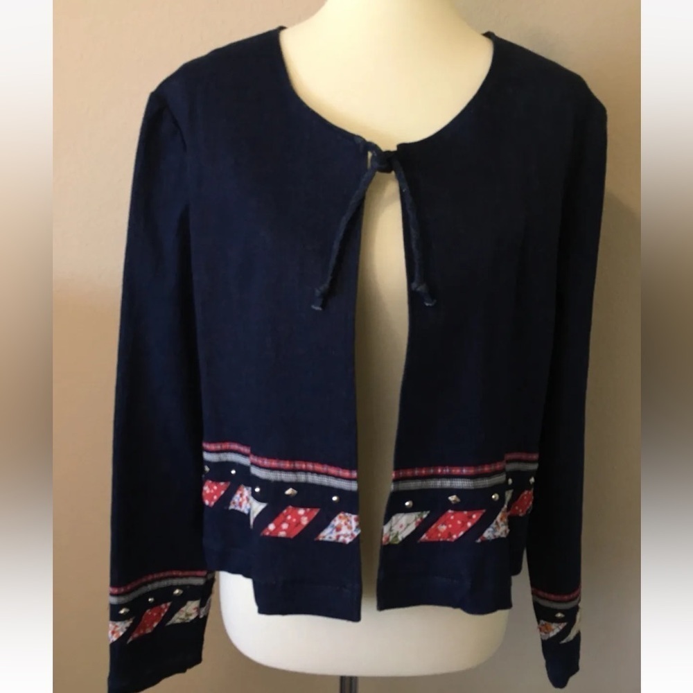RANCH DRESSING Womens Medium M Denim Jean patchwork Jacket embellished Cropped